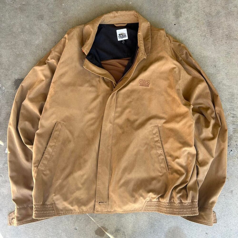 Vintage 90's Grand Casino Players Men's Tan and Brown Bomber Jacket 90's